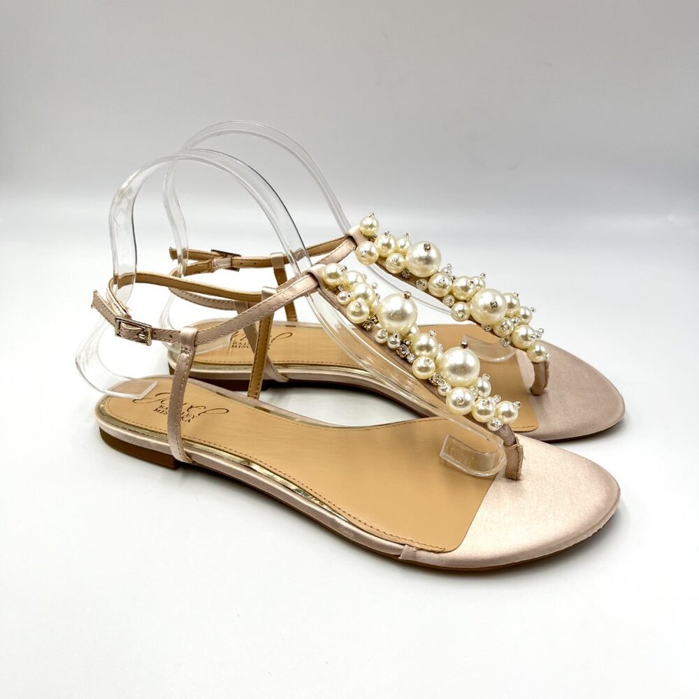 Jewel Badgley Mischka Size 7.5 Champagne Satin‎ Jeweled Flat Dress Sandals Shoes